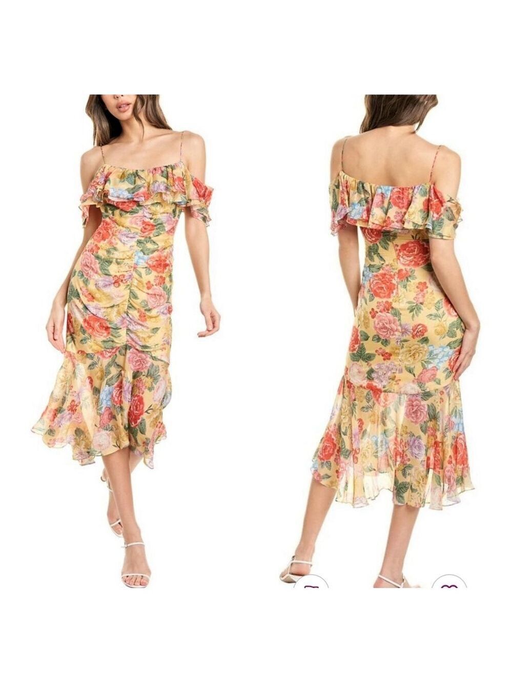 Divine Heritage Floral Ruffle Off the shoulder Silk Dress, Size S